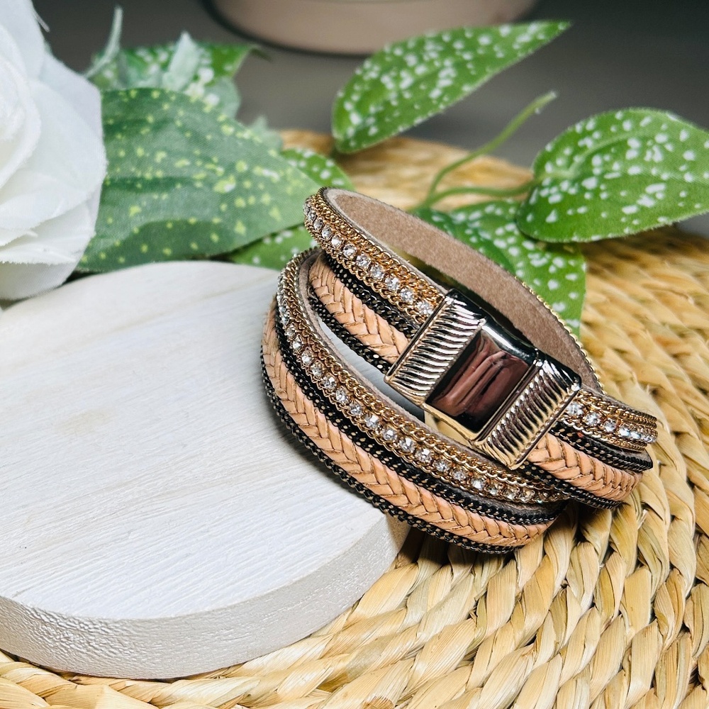 Multiple Layer Crystal, Brass, Braided Leather Wr… - image 2